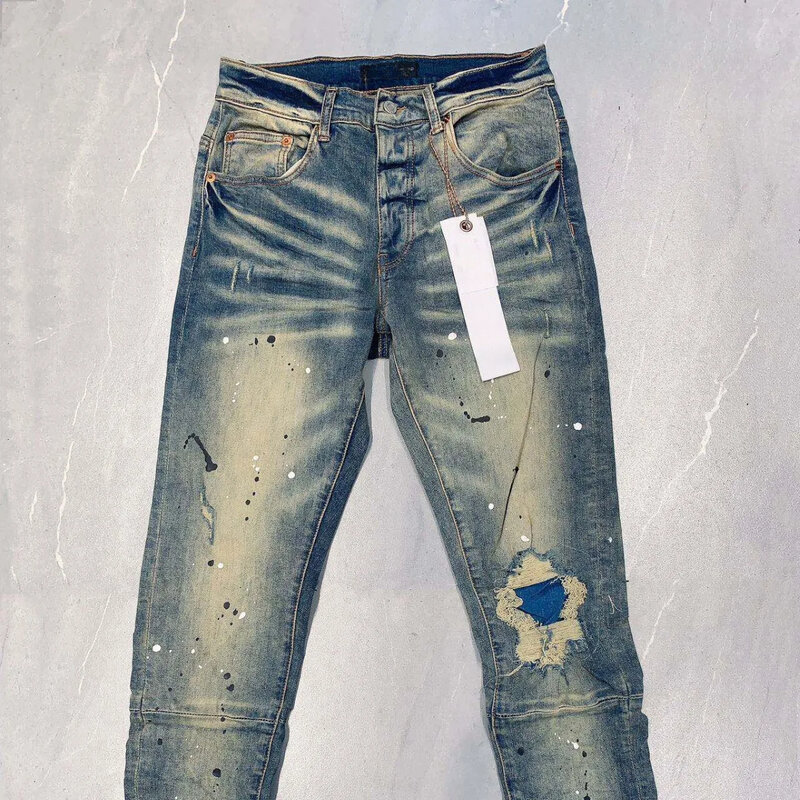 Jeans di marca ROCA viola di alta qualità 1:1 pantaloni in Denim Skinny a vita bassa di riparazione di alta qualità