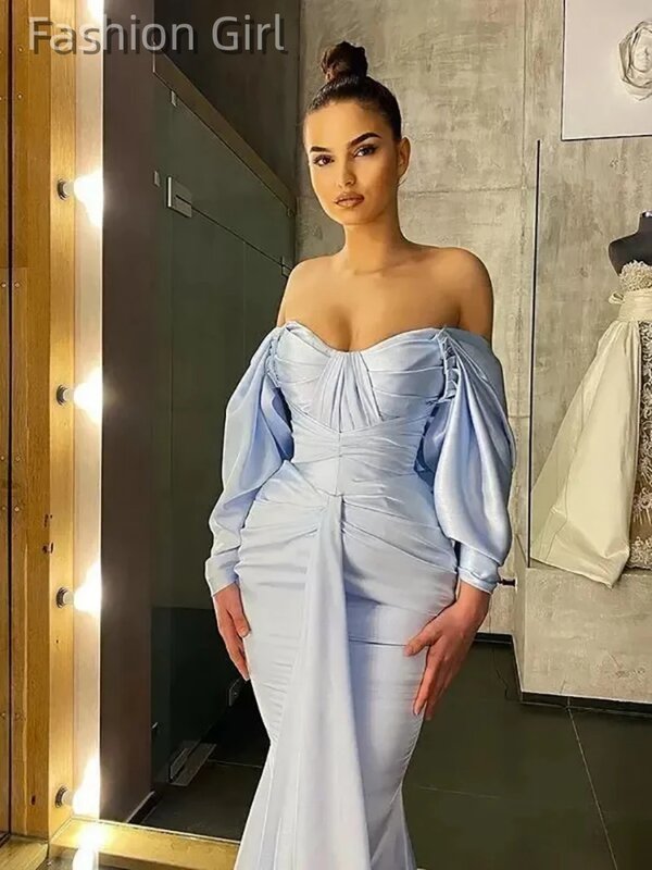 Simple Baby Light Blue Sexy Off Shoulder Long Sleeves Wedding Guest Evening Prom Dresses for Bride Special Occasion 2023
