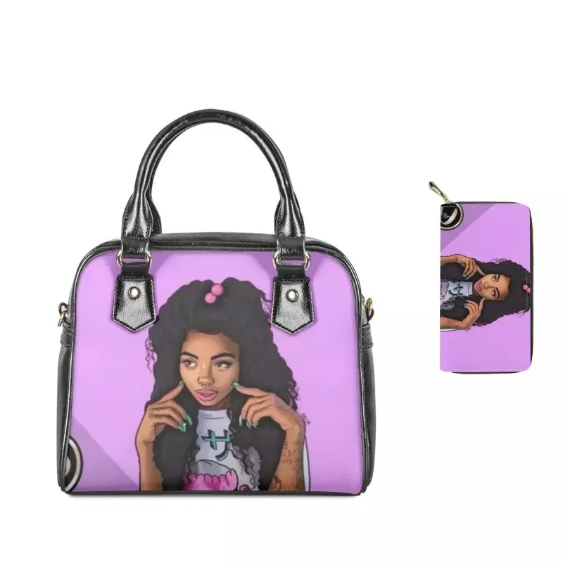 Black Art African American Girl Printing Women Leather Shoulder Handbag  Wallet Ladies Casual Top-handle Bag Crossbody 2/Set