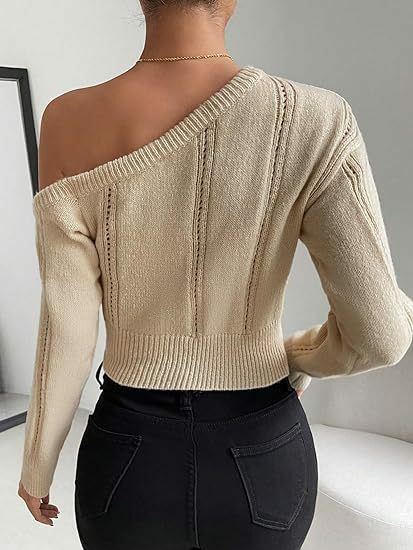 Women's Autumn and Winter Sweater with A Looped Knit Asymmetric Neckline Off Shoulder Casual Sexy Fashionable Slim Fit Short Top