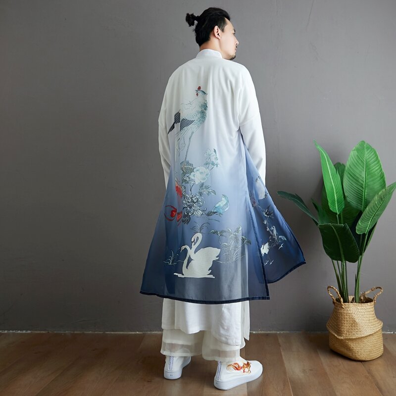 Stile cinese Tang Suit colletto alla coreana camicia lunga da uomo stile antico abbigliamento da uomo Han abbigliamento cinese abito a due pezzi sfoderato
