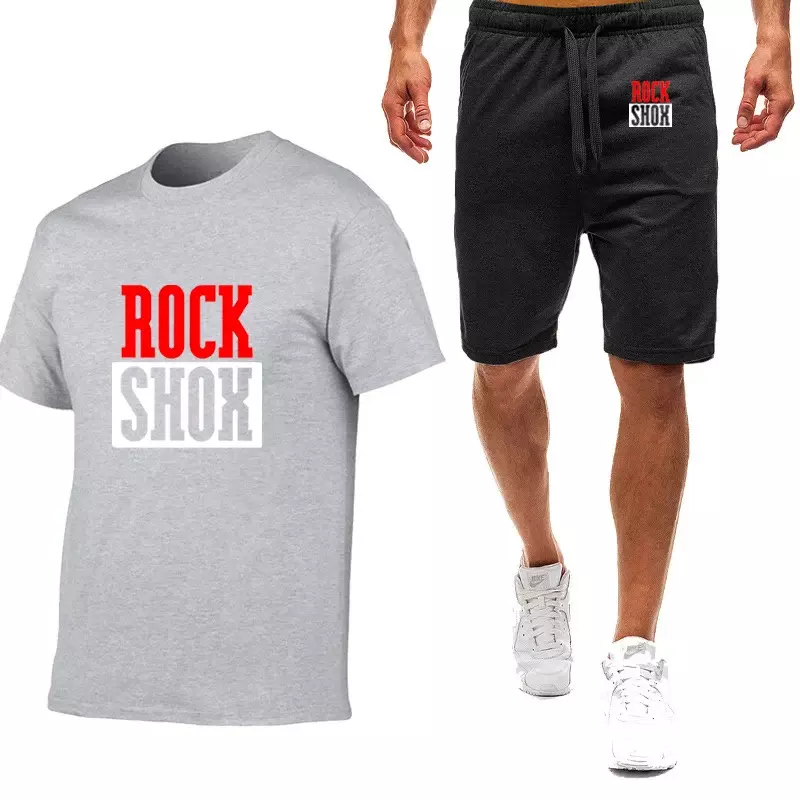Rock Shox High Quality Men's Summer Business Casual Suit Embroidered Short Sleeved Cotton T-shirt+Sports Pants Shorts Set