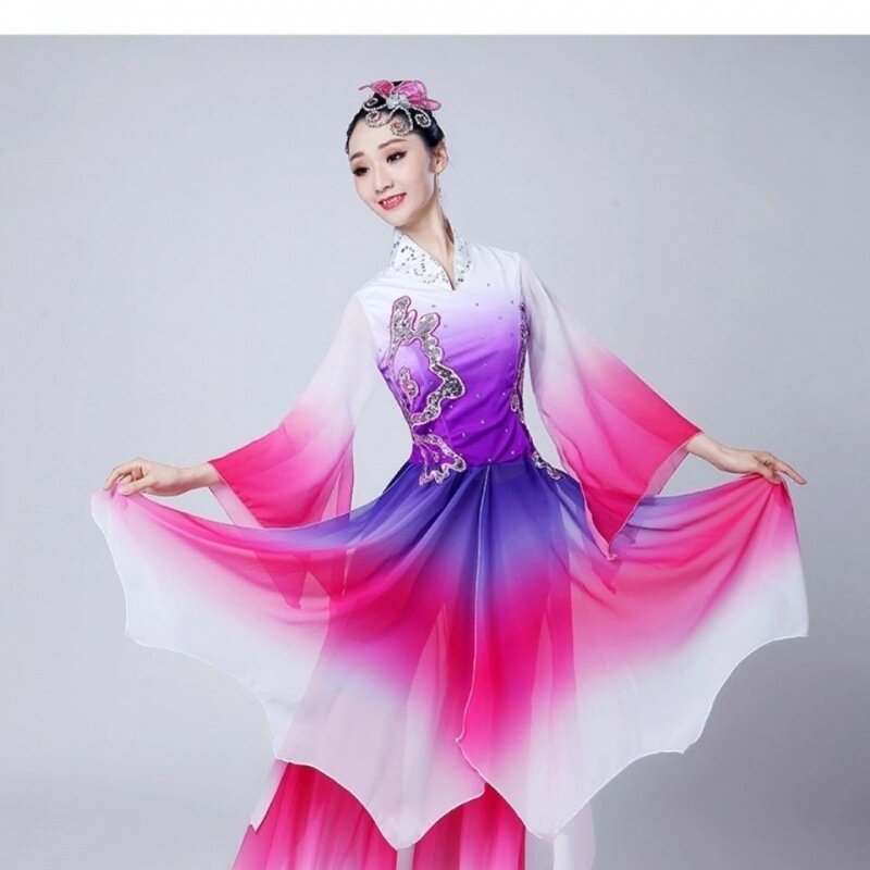 Nowy klasyczny spektakl taneczny kostium damski dorosły fan parasol taniec sukienka Yangko chiński folk kostium spektakl taneczny