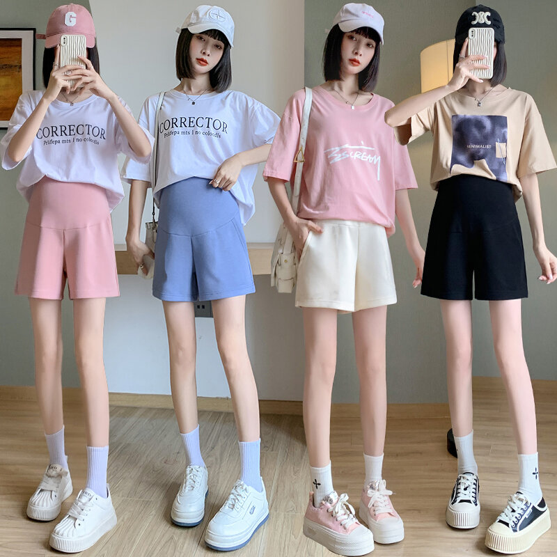 M-3XL Maternity Summer Belly Shorts Solid Color High Waist Loose Casual Pregnant Woman Sports Shorts Side Pockets Lady Boot Cut