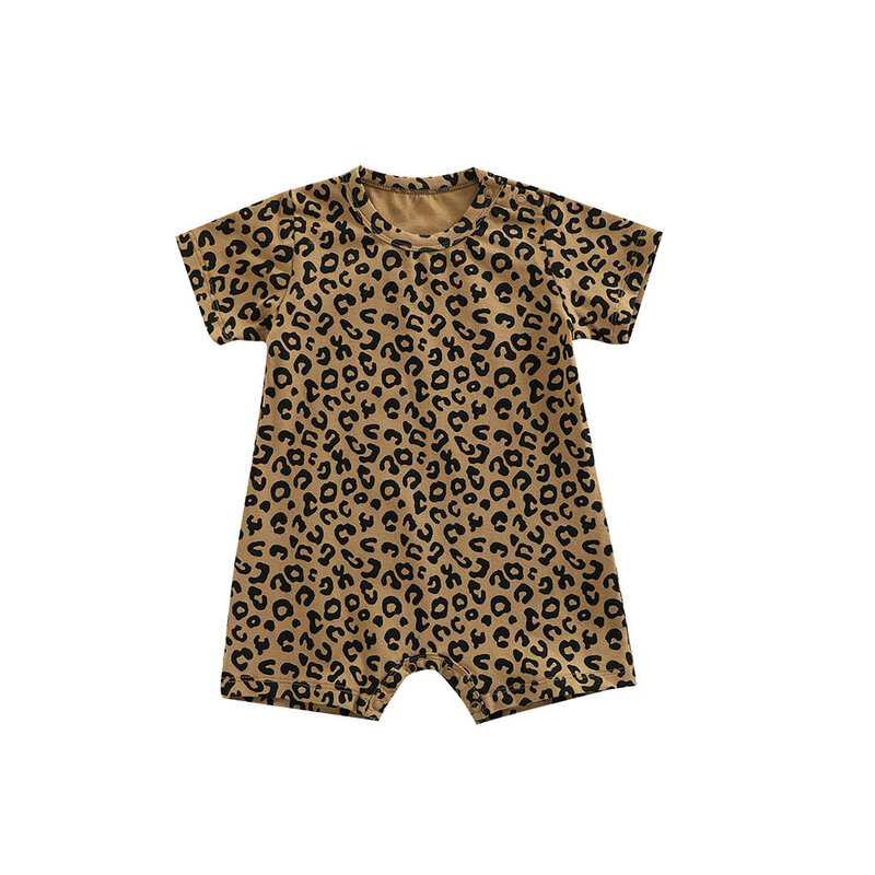Macacão de manga curta com estampa leopardo para bebê menina, roupas gola redonda, roupas rastejantes, fofas e elegantes, verão