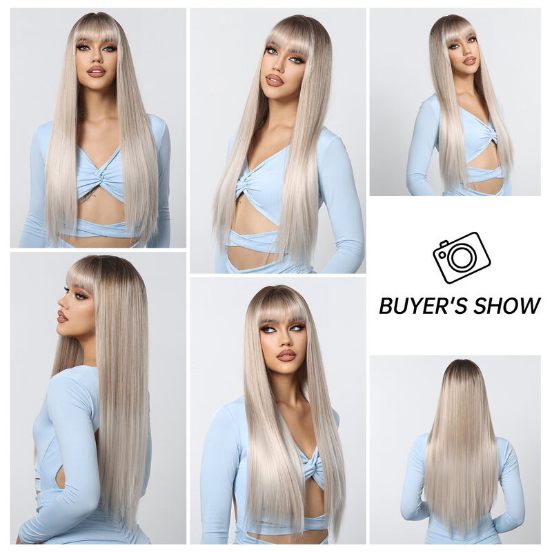 Ash Blonde Ombre Long Straight Synthetic Wigs with Bangs Lolita Cosplay Natural Hair Wig for White Women Daily Heat Resistant