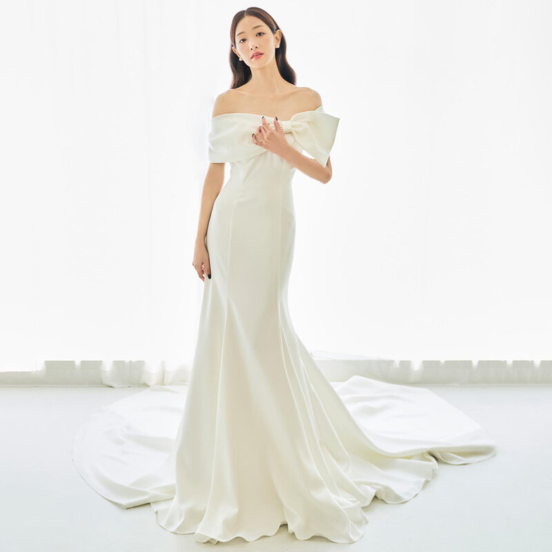 Gaun pengantin wanita POMUSE, gaun pernikahan leher perahu sederhana, gaun pengantin panjang selantai, gaun pengantin wanita buatan khusus