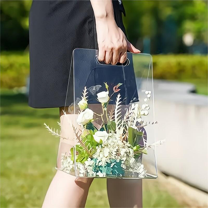 Transparent Acrylic Gift Box With Handles Waterproof Tote Flower Bouquet Wrapping Boxes Wedding Party Favors Gift Packaging Bags