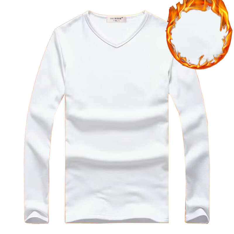 Camiseta térmica de manga comprida slim fit masculina, tops quentes, camiseta grossa, gola V, monocromática, roupas de pelúcia, pulôver
