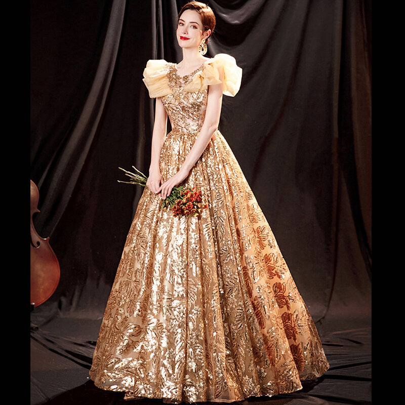 Bộ Đồ Áo Dạ Hội Cho Nữ Vàng Sáng Bóng Chữ A Voan Vintage Form Váy Dạ Hội Vũ Hội Đầm Áo Dây De Soiree