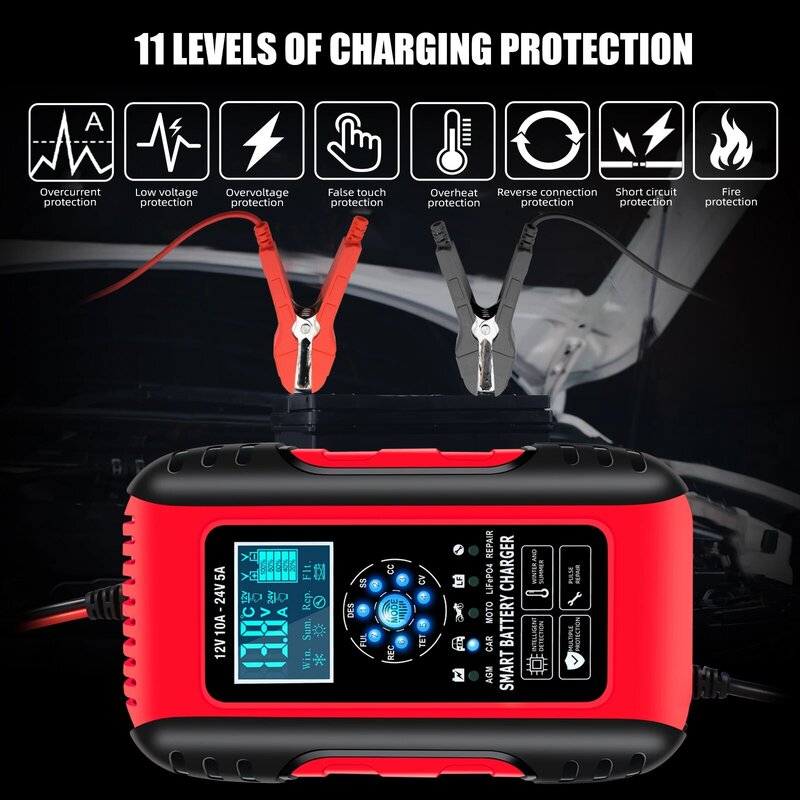 10A 12/24V Lifepo4 Lead Acid Car Battery Chargers 7 Stage Battery Maintainer Speedlight Indicator Convenient Battery Charger