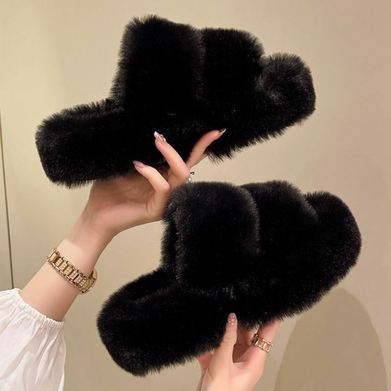 Zimowe puszyste kapcie damskie 2024 New House Home Fur Slippers For Women Flat Platform Cozy Fuzzy Home Shoes Korean Slides