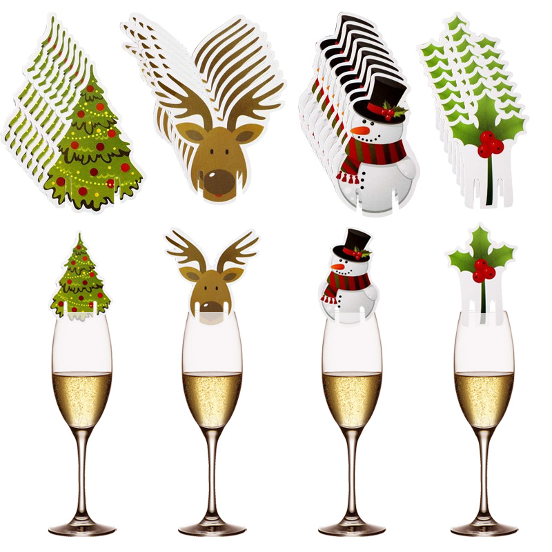 Tarjeta de copa de Navidad, sombrero de Papá Noel, adornos de decoración de copa de vino, regalo de Año Nuevo, decoraciones navideñas, 10 piezas