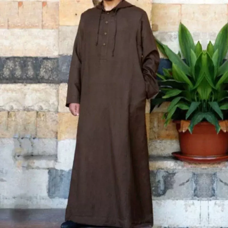 Homens com capuz manga comprida Thobe, roupa muçulmana, roupa islâmica, top sólido de kaftan, roupa étnica do hábito islâmico, árabe saudita