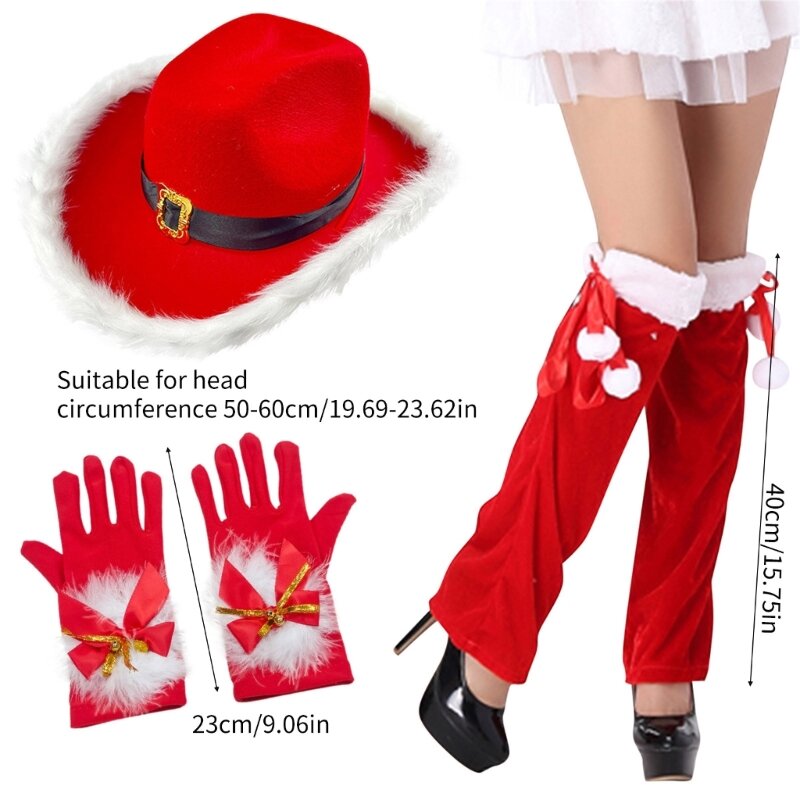 Topi Koboi Dewasa dengan Penghangat & Set Sarung Tangan Perlengkapan Santa Cosplay Merah Tradisional untuk Hadiah