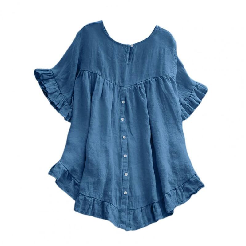 Women Relaxed Fit Blouse Solid Color Loose Fit Back Buttons Blouse Stylish Women's Short Sleeve Pullover with Ruffle Stitching