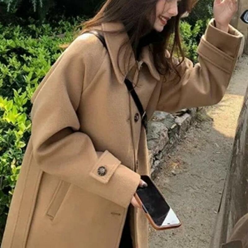 Lady Lapel Overcoat Stylish Windproof Women's Overcoat with Belt Warm Mid Length Winter Coat for Commute Loose Fit Turn-down