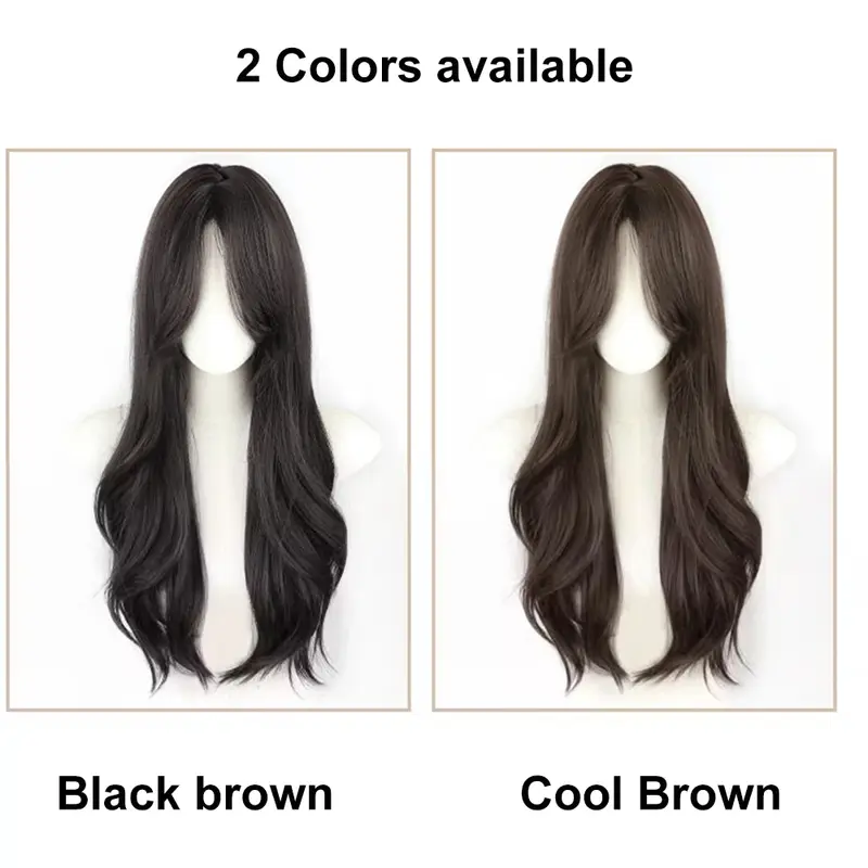 ALXNAN wig sintetis panjang bergelombang untuk wanita, wig hitam alami dengan poni harian untuk pesta Cosplay, rambut palsu tahan panas