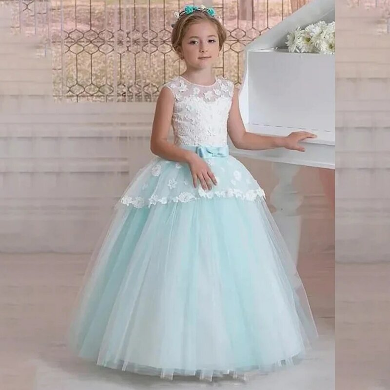 Sleeveless Floral Applique Flower Girl Dress Tulle Ball Gown Wedding Birthday Party Dress for Kids Bow Belt First Communion