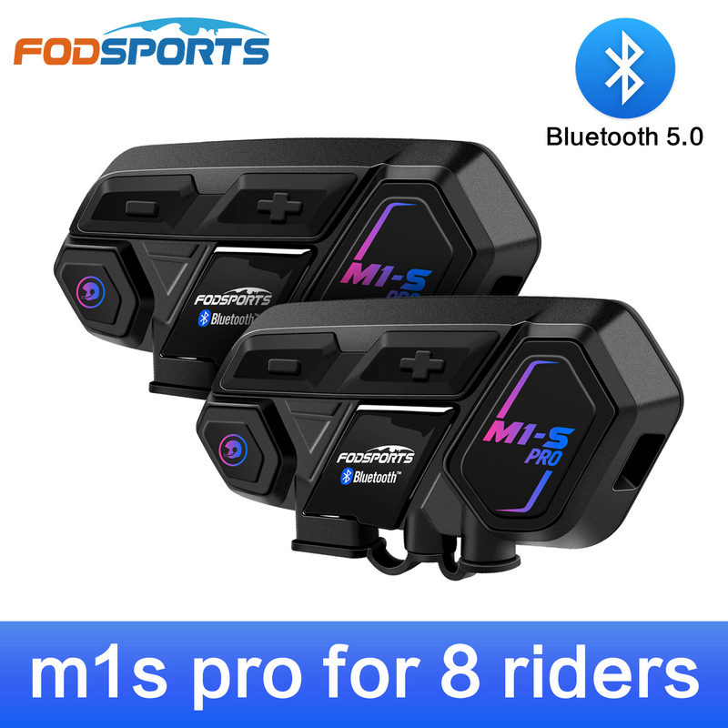 Fodsports 2 pcs M1-S Pro motocicleta Capacete Bluetooth Intercom Fone de ouvido 8 Riders 2000M Grupo BT Interphone Redução de ruído Voice Prompt 900mAh Microfone de dois tipos de bateria