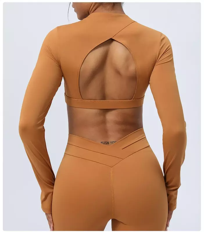 New Openwork Beauty Back Yoga Clothes Long-sleeved Navel-exposed Sports Tights+cross-spliced Peach Hip-lifting Tights