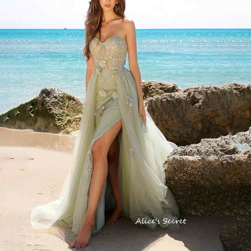 A-Line Tulle Strapeless Sweetheart Lace-Up Open Back Floral Appliques Side Slit Embroidery Sweep Train Prom Evening Dress