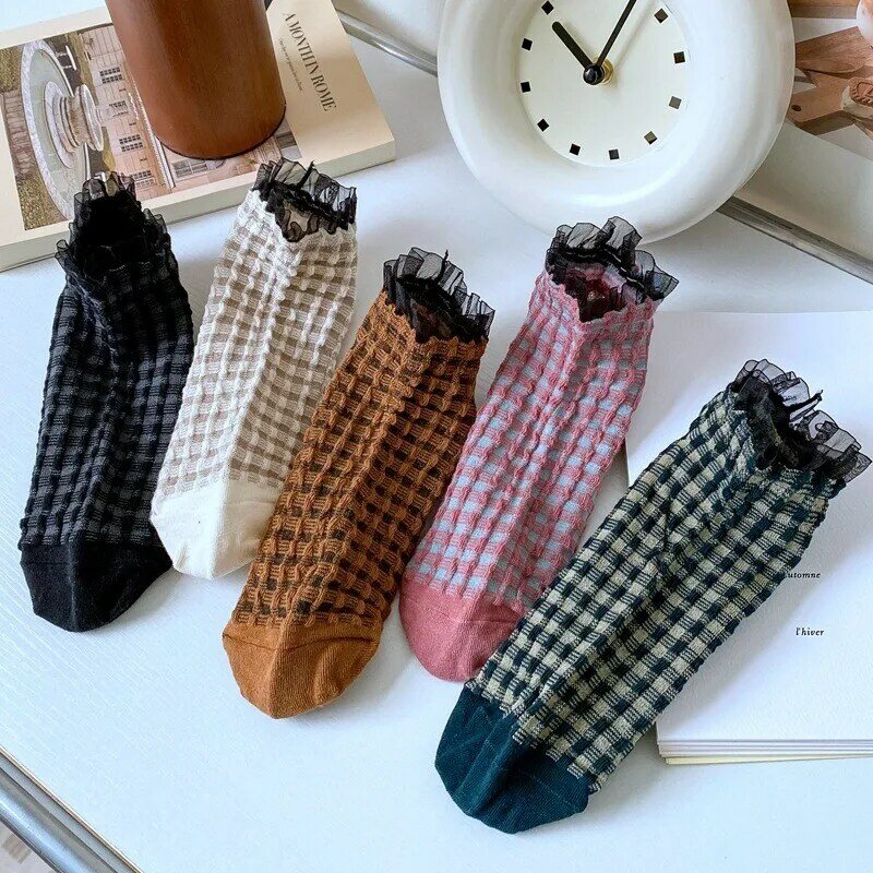 Calcetines de algodón con encaje para mujer, medias finas de estilo Vintage, Harajuku, primavera y verano, novedad, I138