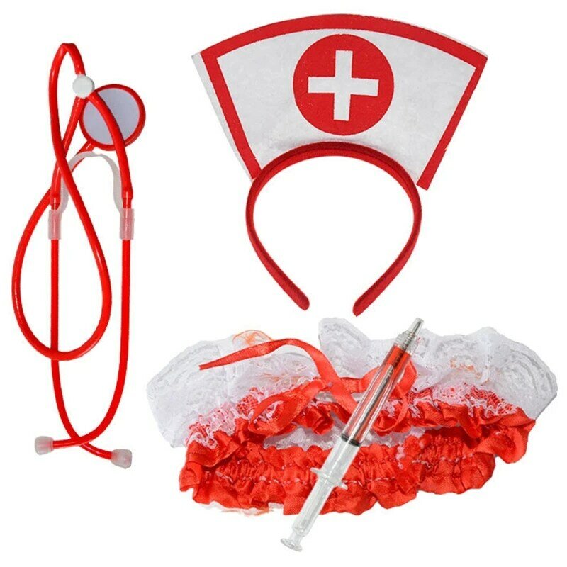Gorro enfermera con forma diadema, bolígrafo estetoscopio, cinturón para muslo, disfraz Cosplay, tocado, conjunto