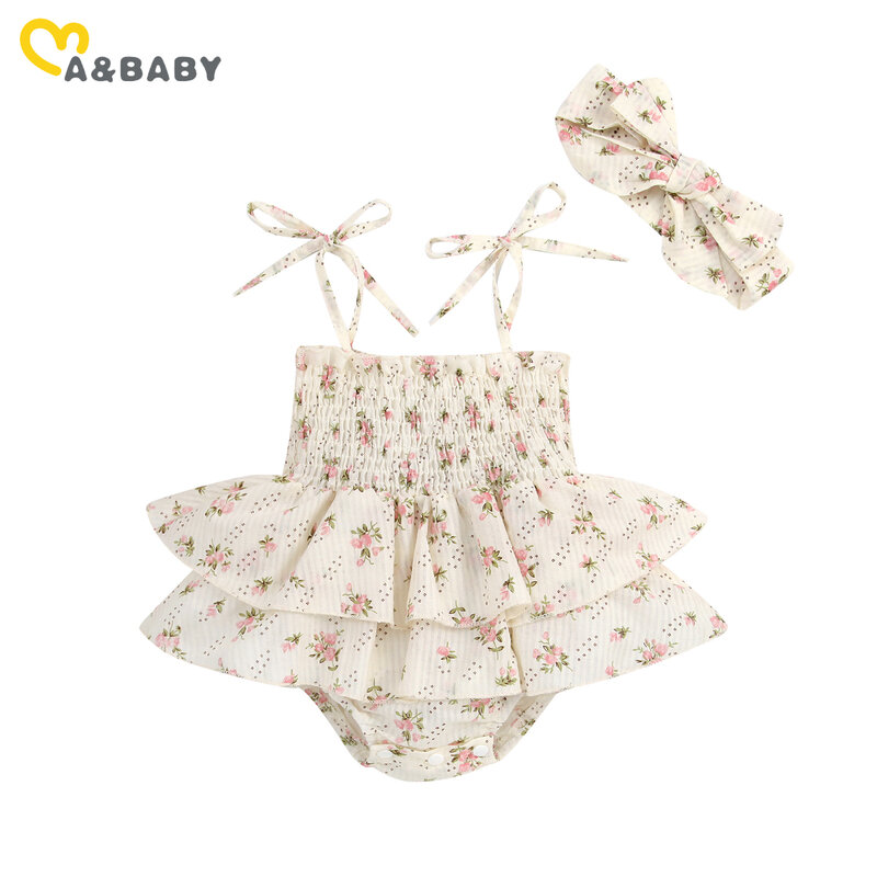 Ma&baby 0-24M śpioszki dziewczęce noworodek kombinezon śliczny kwiatowy Print wzburzyć Sunsuit z pałąkiem na głowę stroje letnia odzież