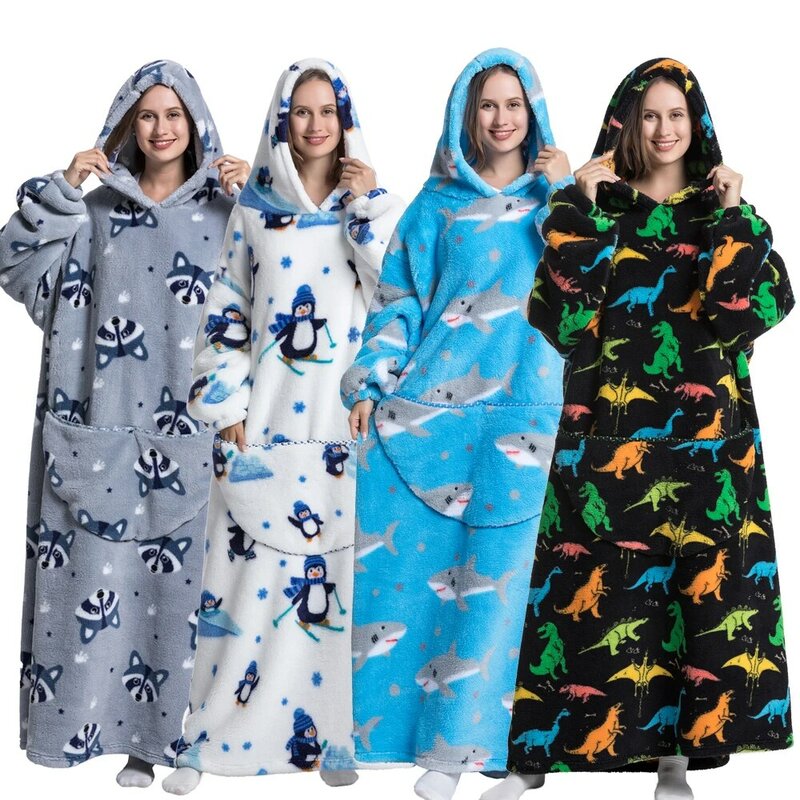 Super longo flanela cobertor com mangas inverno hoodies moletom feminino pulôver velo gigante tv cobertor oversized quente