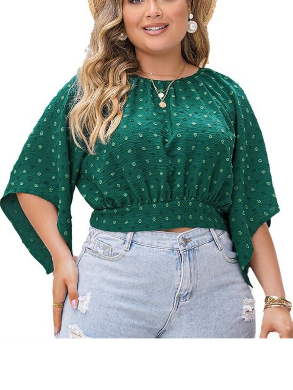 Plus Size Lente Zomer Pullover Tops Vrouwen Polka Dot Borduurwerk Mode Geplooide Dames Cropped Blouses Losse Casual Vrouw Tops