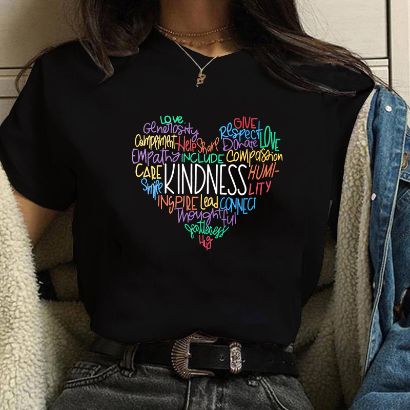 Funny KINDNESS Heart Print Tee Women's Summer Fashion Comfort Shirt