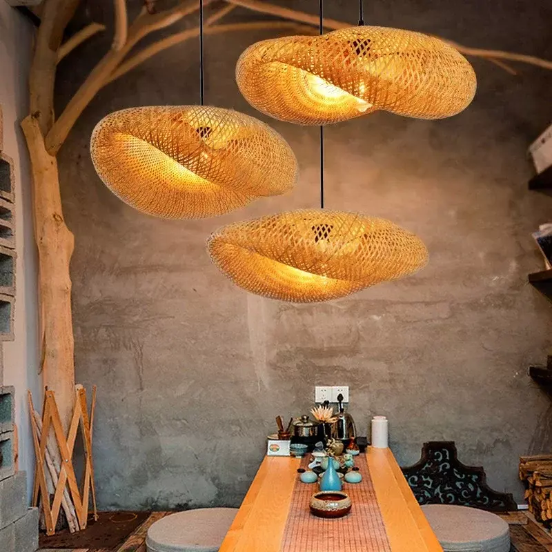 Bambu Lâmpada pingente Rattan Wicker Suspenso Lustre Lustre Pendurado Luz para Teto Mão Arte Artesanato De Malha Sala de Jantar Decoração