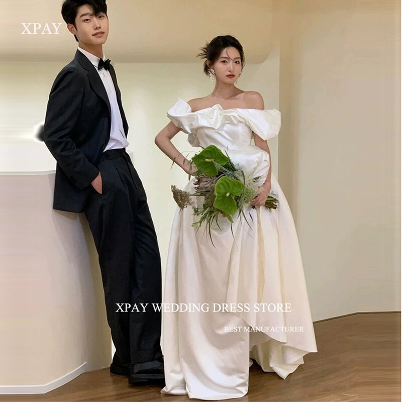 Xpay Elegante Off Shoulder Korea Satijn Trouwjurken Fotoshoot Mouwen Korte Verdieping Lengte Bruidsjurken Korset Terug Prinses