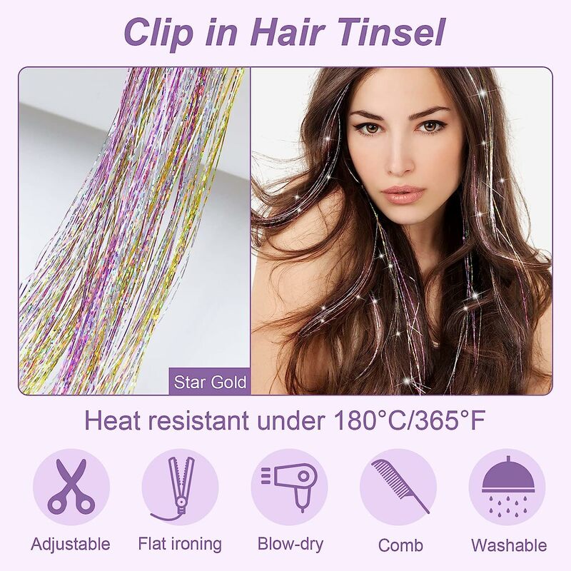 6pcs Clip In Hair Tinsel For Women Girls Heat Resistant Fairy Hair Tinsel Kit, Champagne Tinsel Clips Hair Accessories, Sparkli