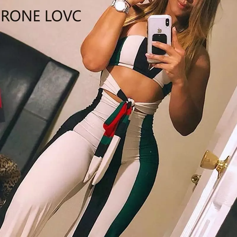 ผู้หญิงผอมลาย Colorblock Lace Up Bandeau Jumpsuit ฤดูร้อนเซ็กซี่ Romper Jumpsuit