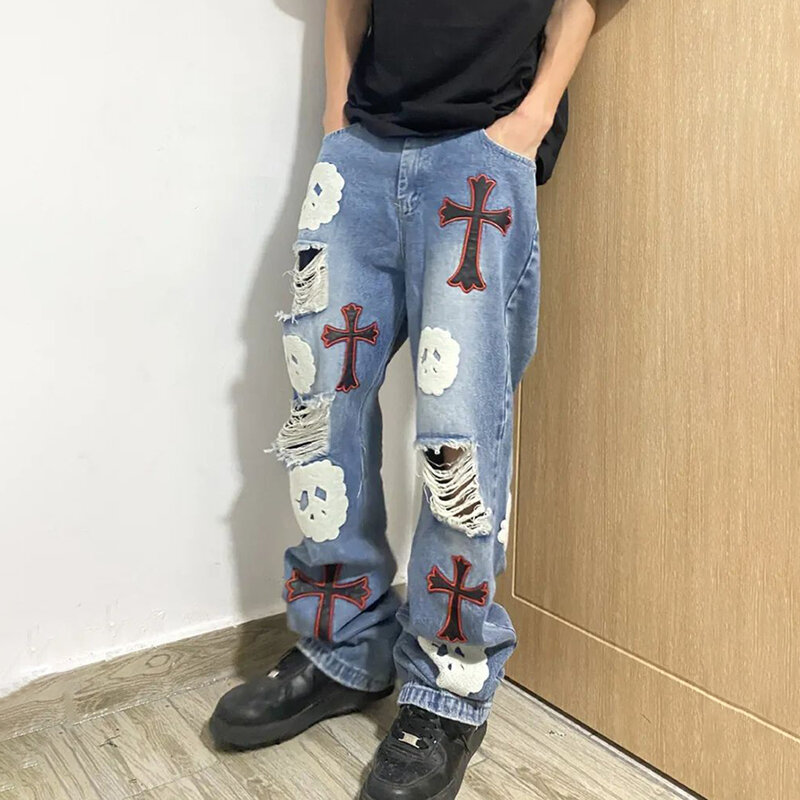 Y2K amerykański Hiphop haft krzyż łatka trójwymiarowy porwane jeansy męska fala marki główna ulica prosto luźne spodnie