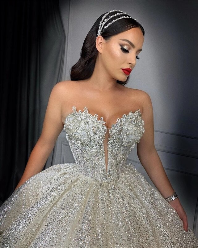 Brokatowe kryształy suknie balowe luksusowe błyszczące cekiny koraliki ślubna suknia ślubna w kształcie ukochanego kościoła koronkowa wykonywana na zamówienie do tyłu Vestido de novia