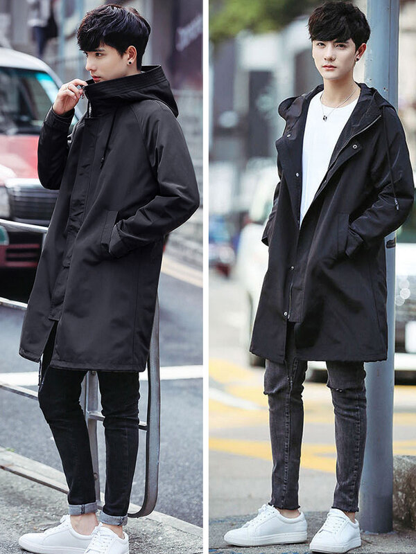 Primavera outono longo trench coat moda masculina com capuz blusão preto casaco casual jaquetas tamanho grande 6xl 7xl 8xl