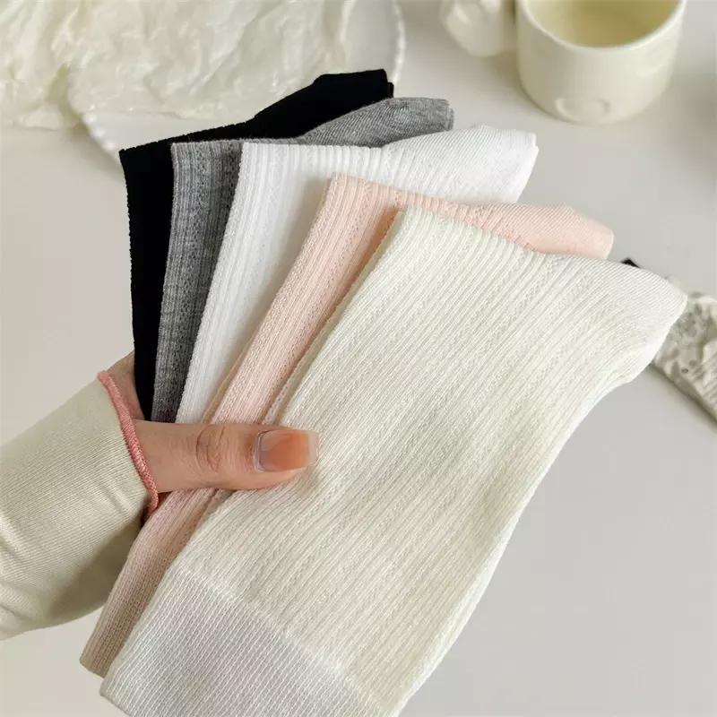 5 Pairs Woman Socks Set Solid Color New Spring Summer Mesh Socks Hollow Out Plain Loose Socks Casual White Long Thin Simple Soft