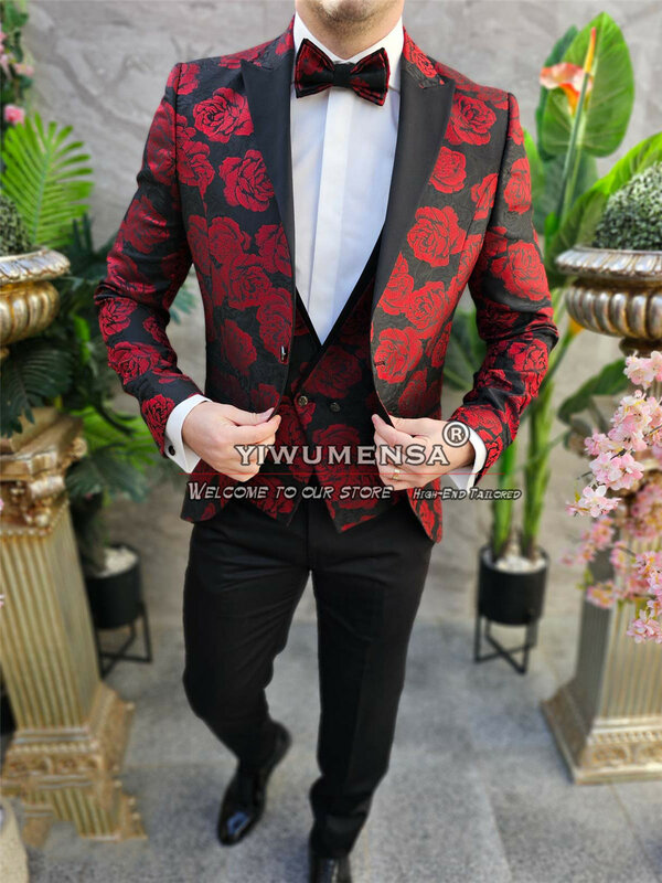 Business Rose Printed Men Suits Slim Fit Single-Breasted Groom Wedding Tuxedo Tailor Made 3 Pieces Sets Traje De Hombre Elegante