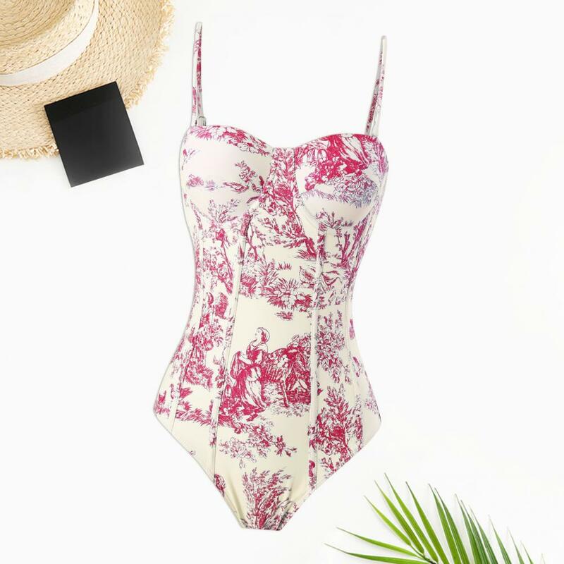 Vintage Strappy Print Skirt Swimsuit Stylish Women's One-piece Swimsuit Set with Lace-up Skirt Floral Cover-up Tummy for Hot