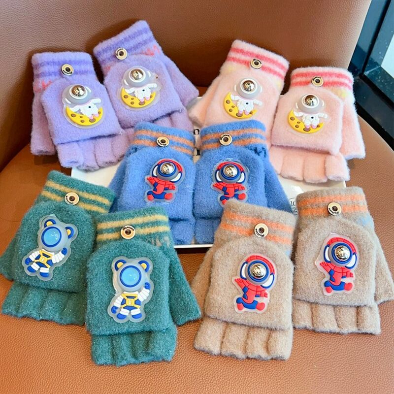 Half Finger Flip Gloves Kids Fingerless Gloves Knitted Gloves Astronaut Pattern Children Cartoon Gloves Cold Protection