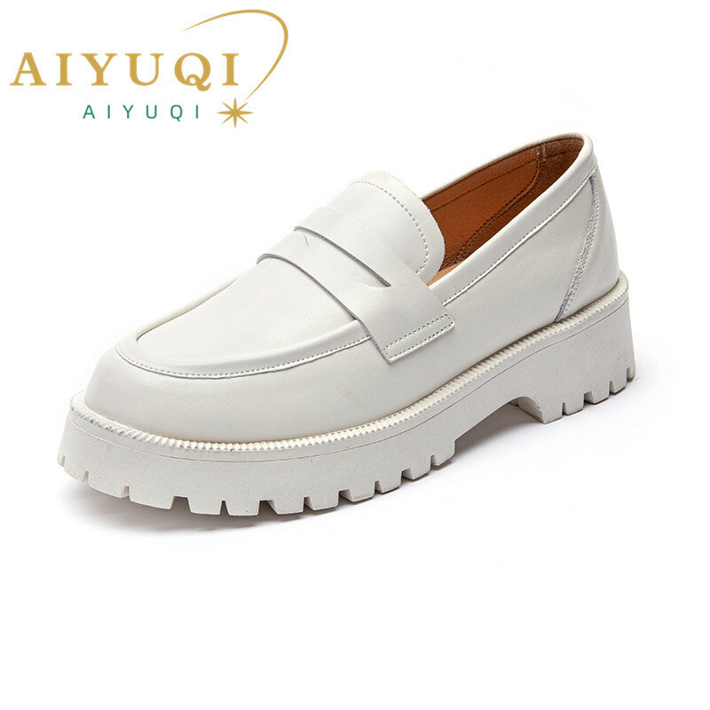 AIYUQI-Mocassins de couro genuíno para meninas, sapatos de sola grossa para mulheres, estilo universitário, moda britânica, casual, WHSLE, primavera