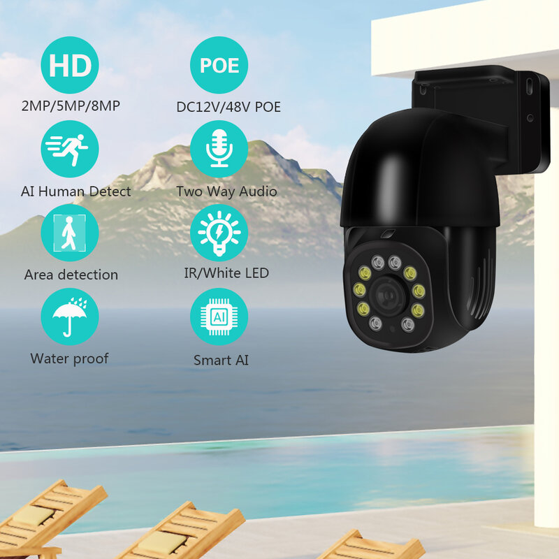 Kamera Penghalang Video 4K POE PTZ dengan Warna Kemiringan Panci Audio 2 Arah Night Vision2MP/3MP/5MP8MP Pintar AI IP Onvif Keamanan untuk NVR