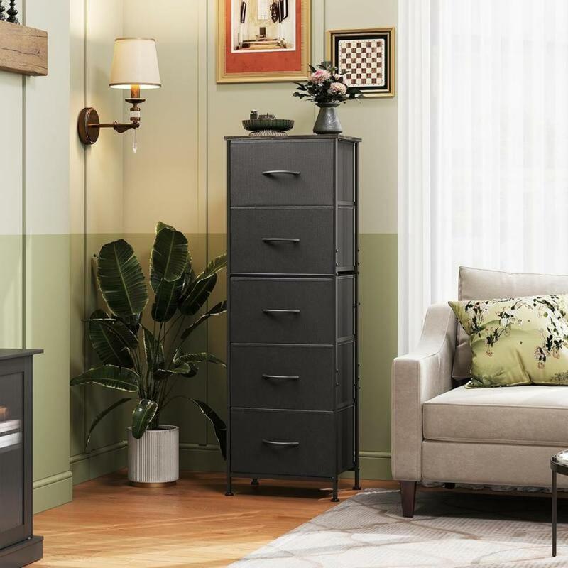 k! Fabric Dresser, 5-Drawer Tall Dresser for Bedroom, Storage Dresser Organizer with Fabric Bins, Wood Top, Sturdy Steel Frame