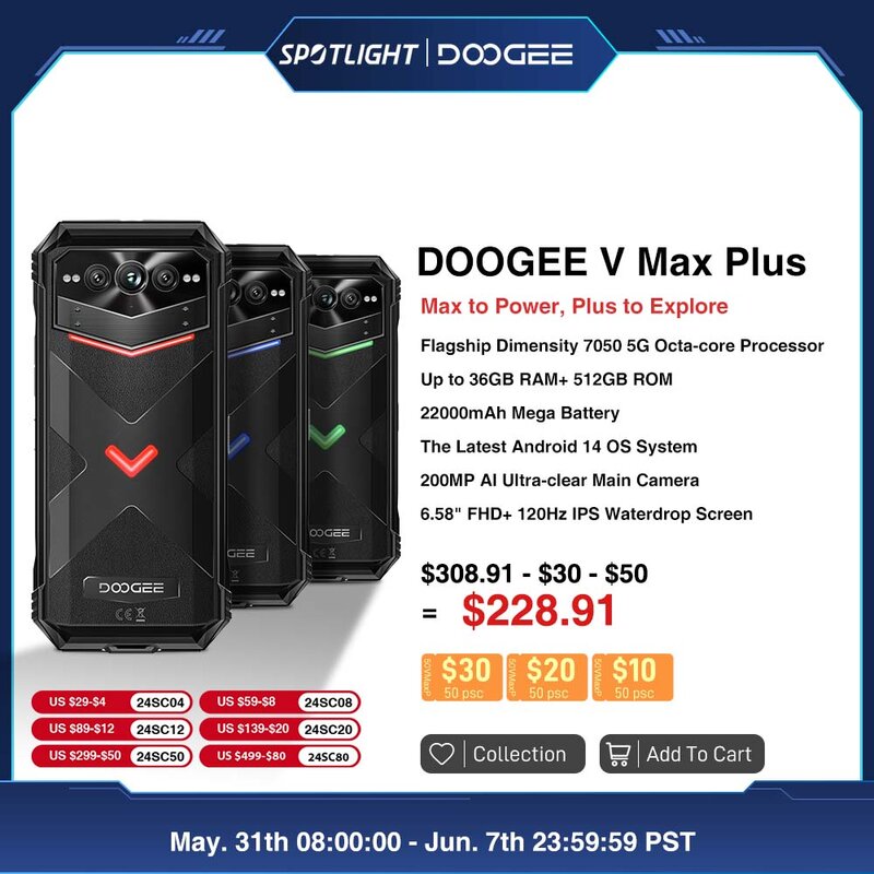 Doogee-v max plus頑丈な電話、200mpカメラ、Android 14、22000mAh、36GB、16 20、512GB、6.58 "、120hz、Clothity 7050、ワールドプレミア