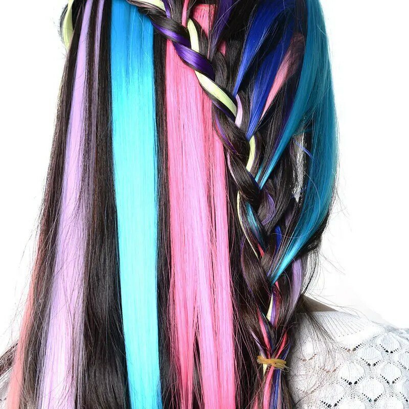 13 buah klip rambut ekstensi rambut highlight pesta berwarna dalam ekstensi rambut sintetis lurus 55cm, pelangi