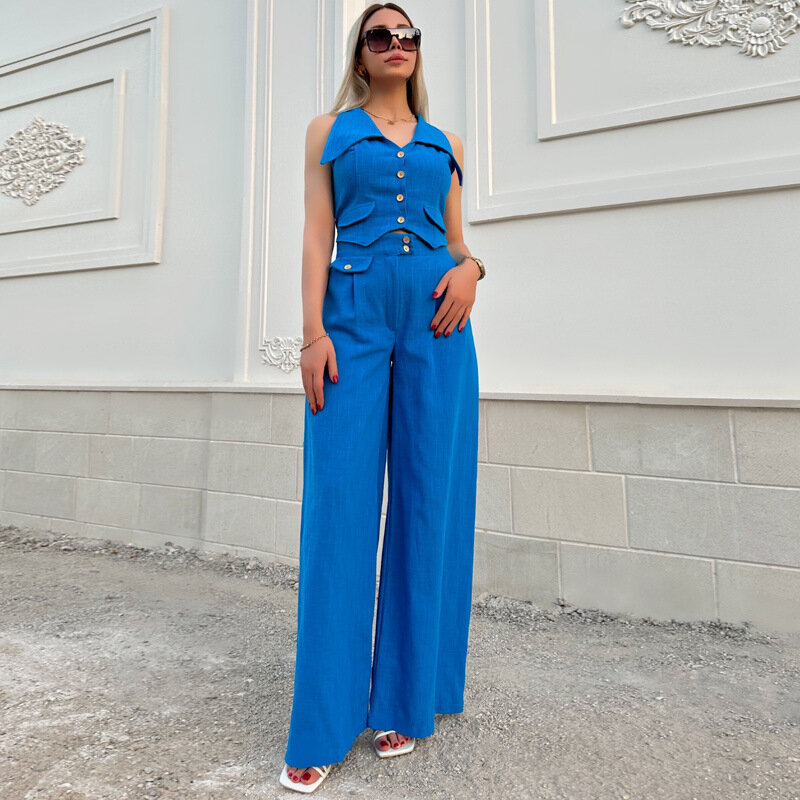 Summer Casual Solid 2 Piece Set Women Fashion Two Piece Outfit 2024 New Button Down Tank Tops Wide Leg Pants Suit Women Work Set
