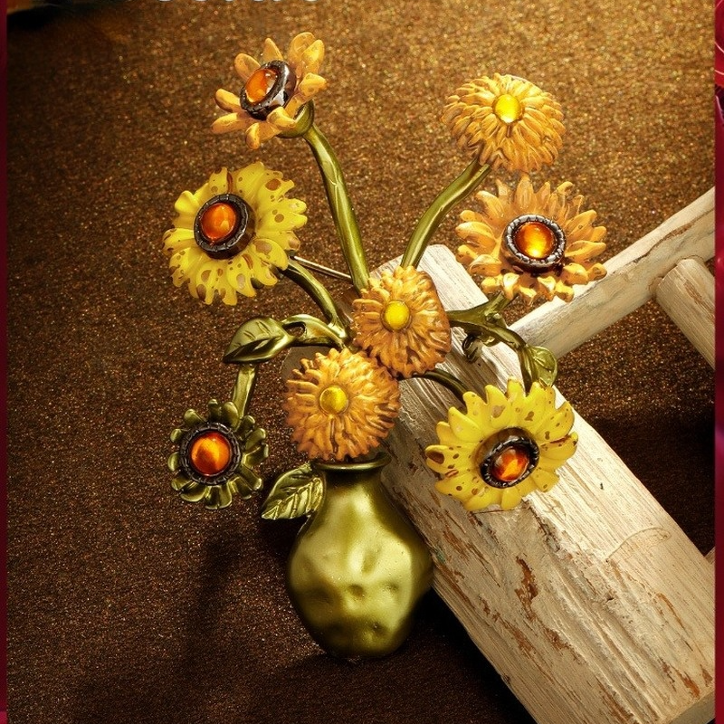 Retro Sunflower Vase Brooches For Woman Autumn Winter Brooch Party Accessories Gift Wholesale